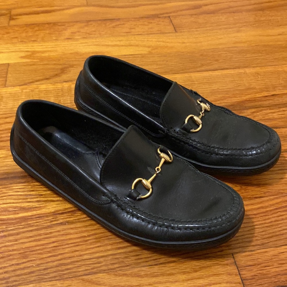 Gucci Black Leather Loafers with Horsebit Gold Hardware